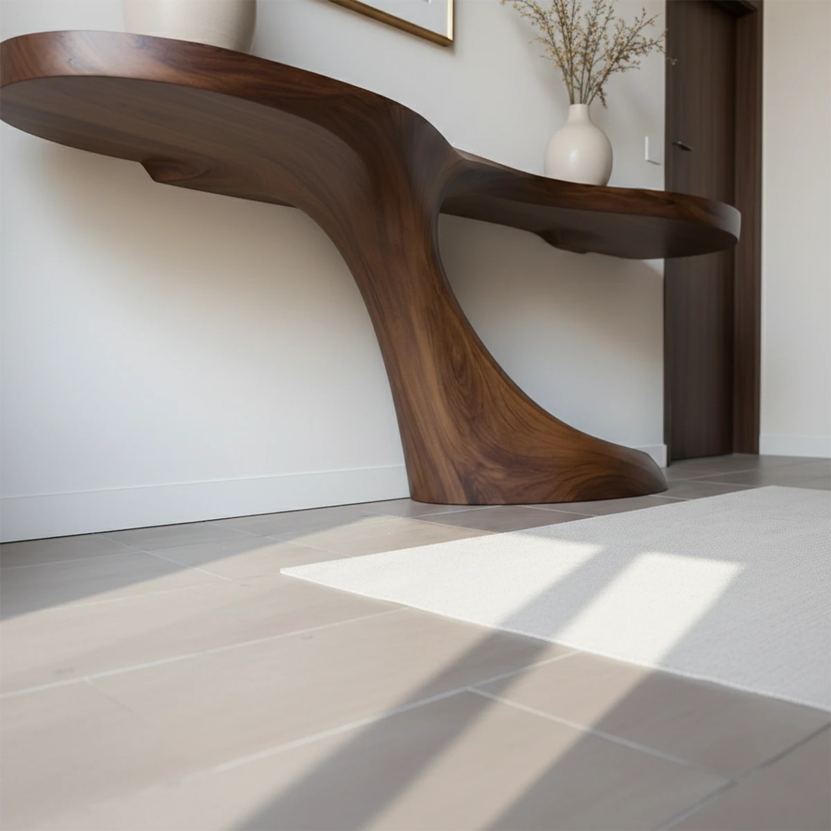 Organic shape console table crafted from solid wood enhances this clean and modern interior