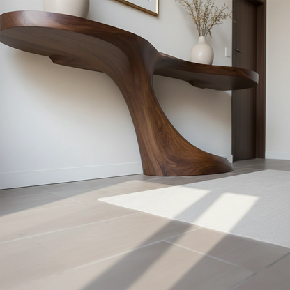 Organic shape console table crafted from solid wood enhances this clean and modern interior