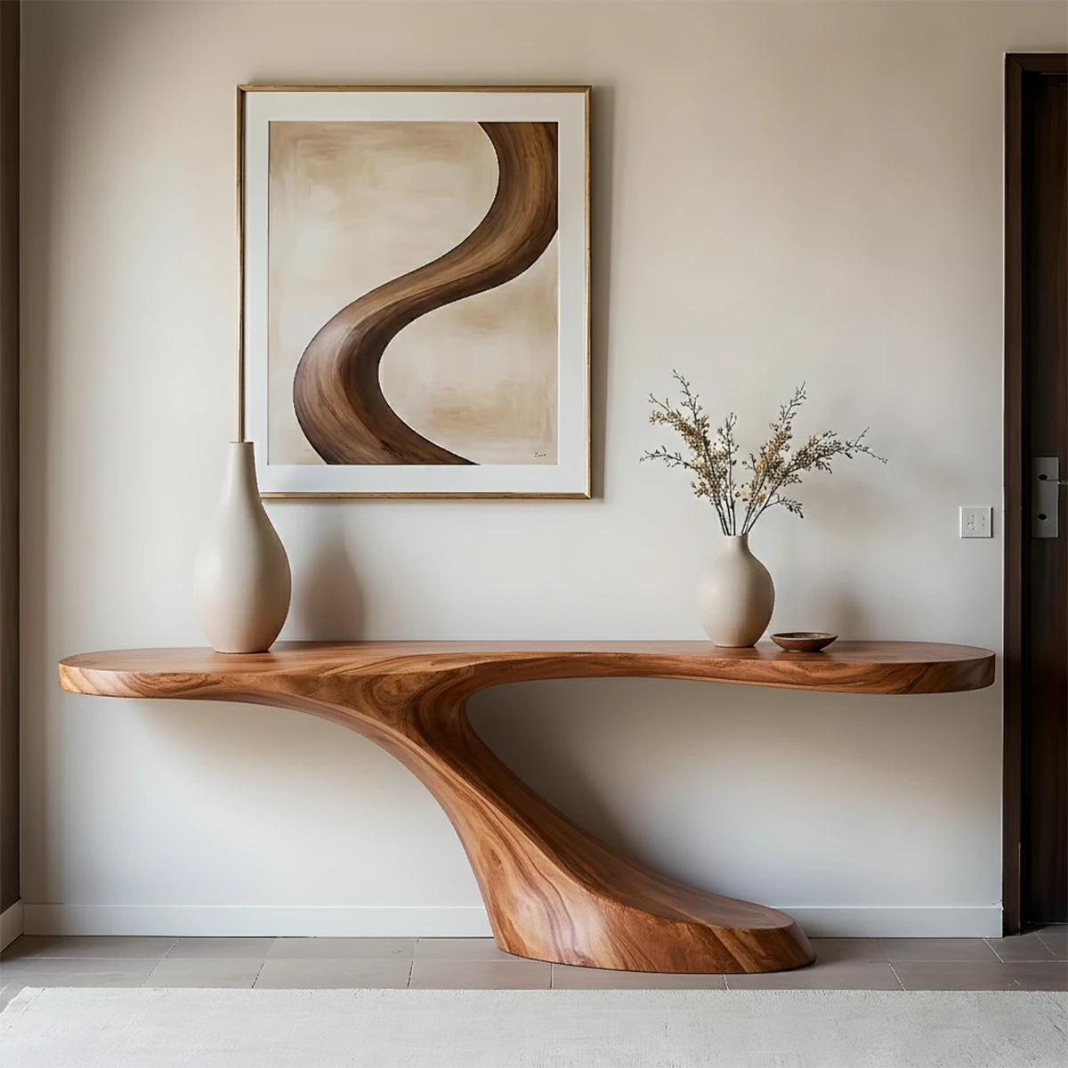 A handcrafted console table with fluid lines adds movement to this modern living space