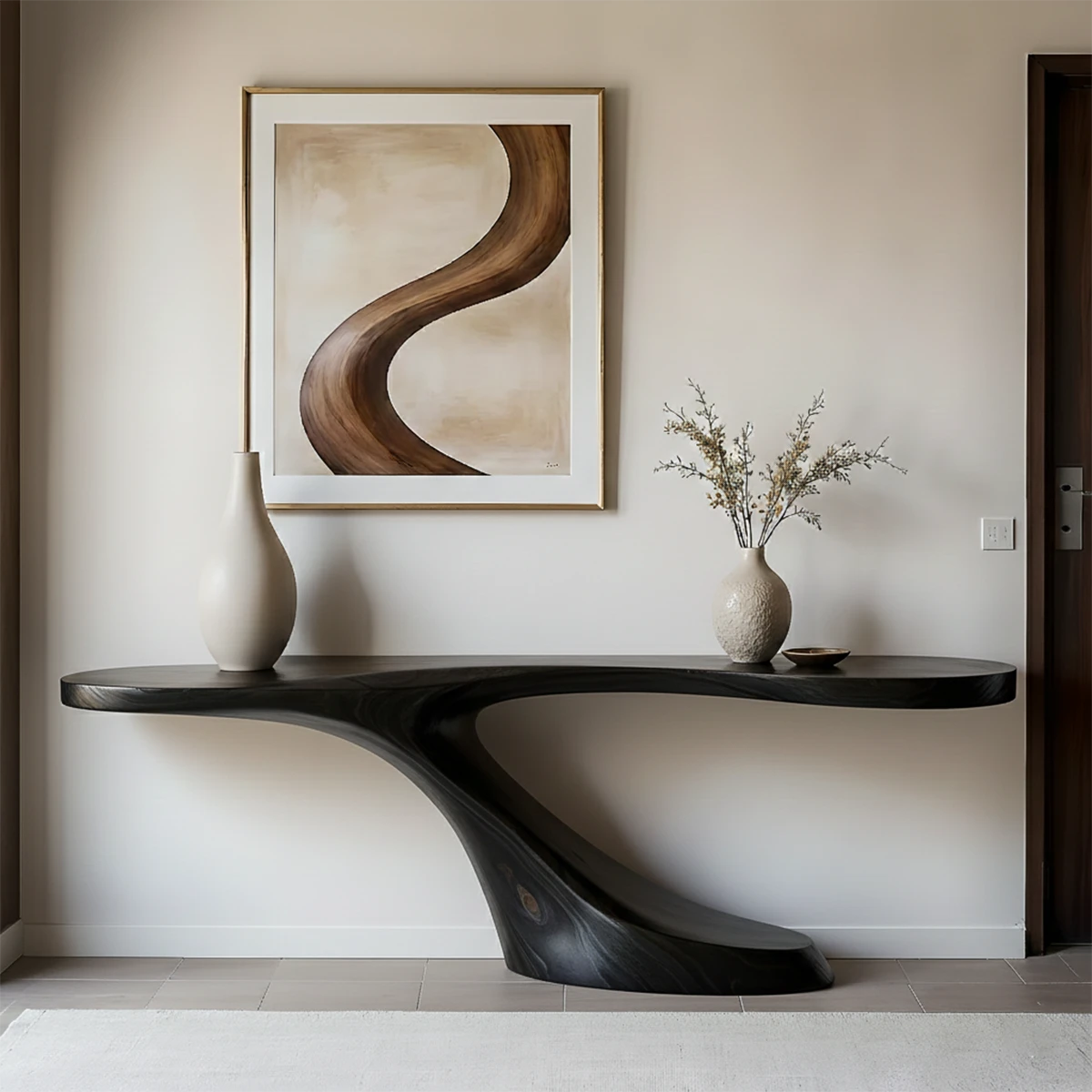 Contemporary console table with natural wood grain displayed in a warm and inviting interior