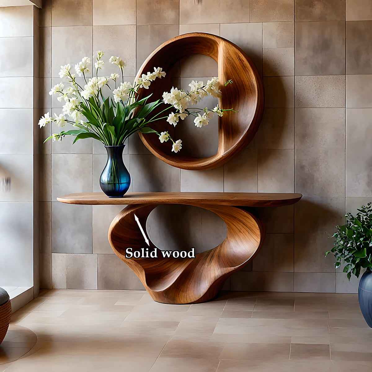 Elegant brown wooden console table with spiral structure