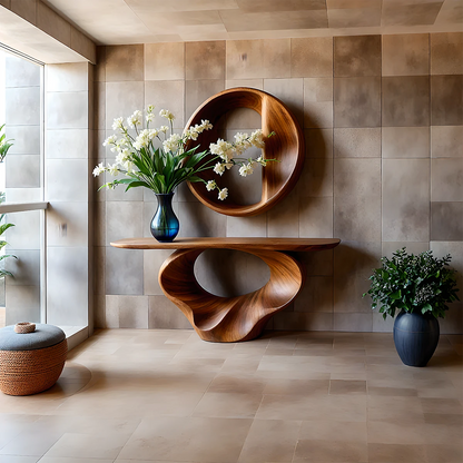 Brown solid wood console table with hollow sculpted base