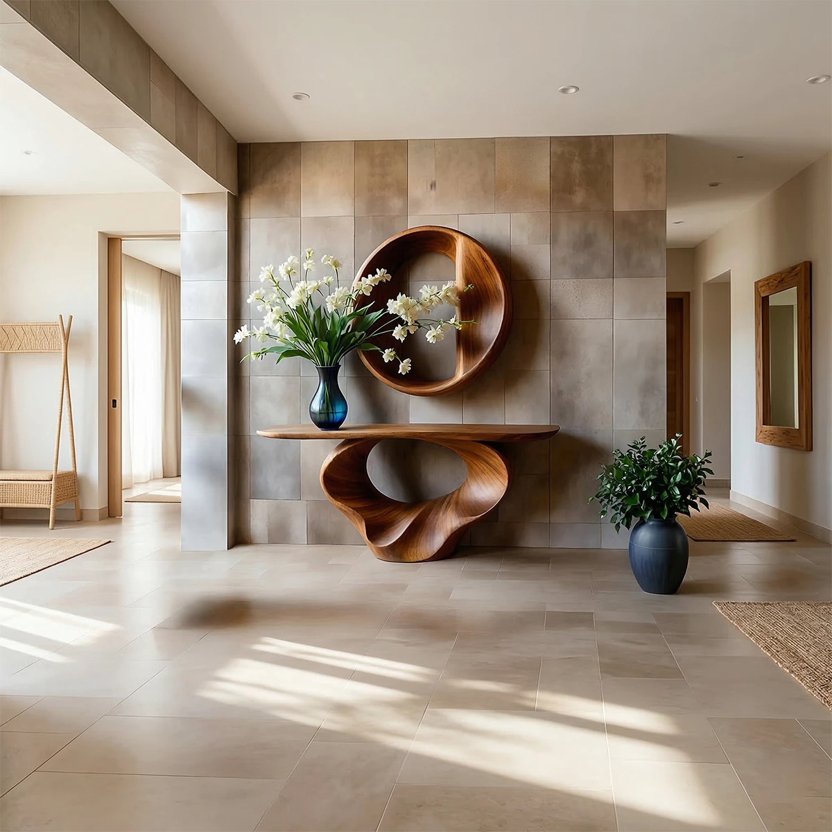 Artistic brown wood console table with spiral design