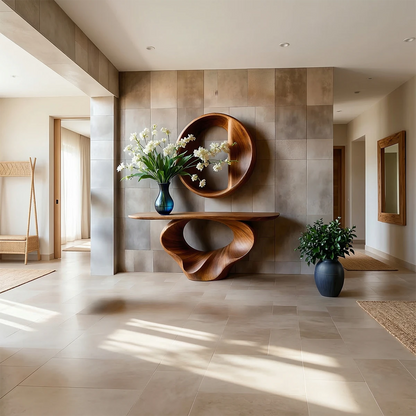 Artistic brown wood console table with spiral design