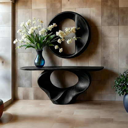 Minimalist brown wood console table with sculpted support