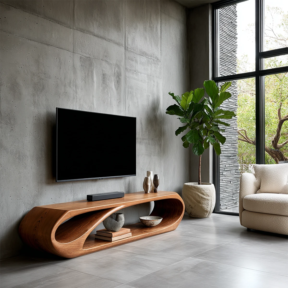 Modern TV stand with sculptural open storage and natural wood finish for minimalist interiors