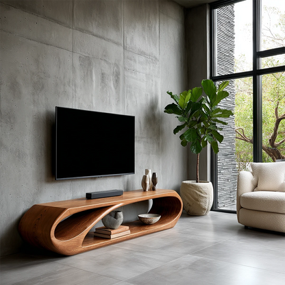 Modern TV stand with sculptural open storage and natural wood finish for minimalist interiors