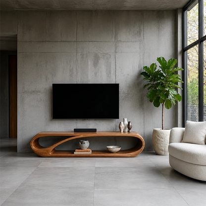 Modern living room with a wooden TV stand, television, and decorative items.