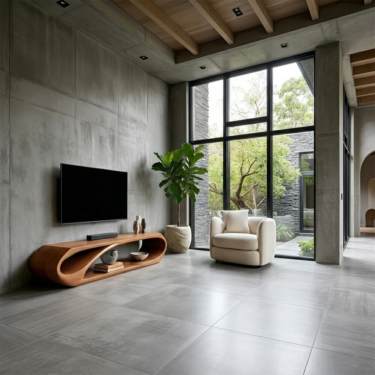 Curved media console featuring organic silhouette and natural wood finish craftsmanship