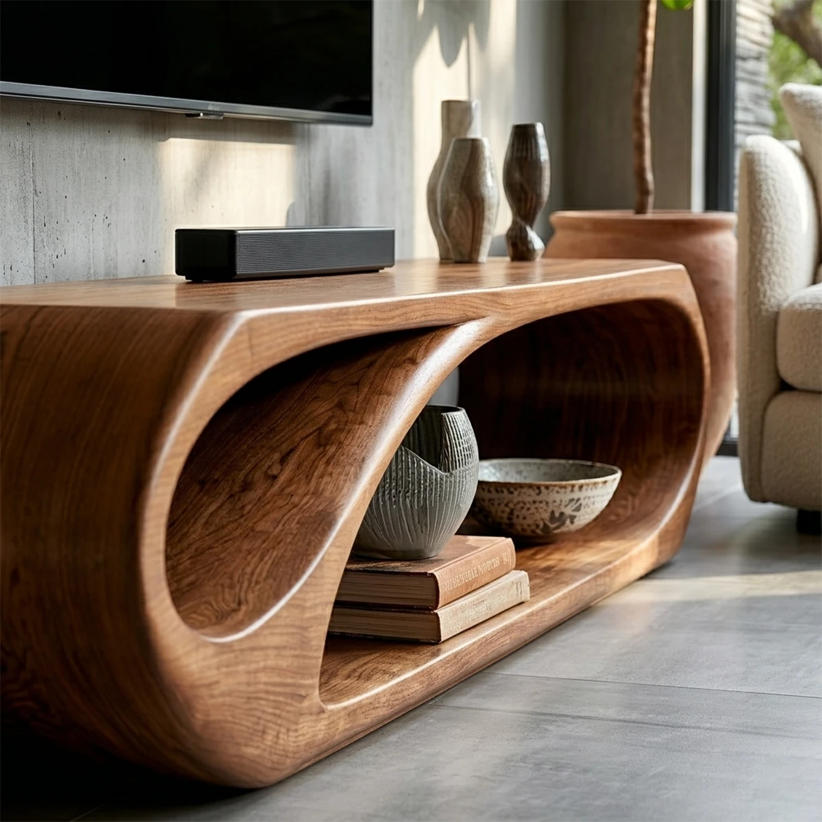 Contemporary entertainment center with smooth rounded design and natural wood finish tones