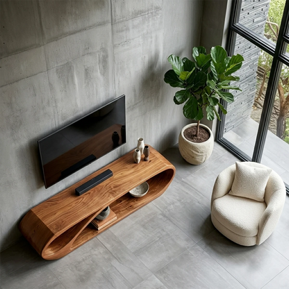 Japandi TV console table showcasing flowing curves and natural wood finish detailing