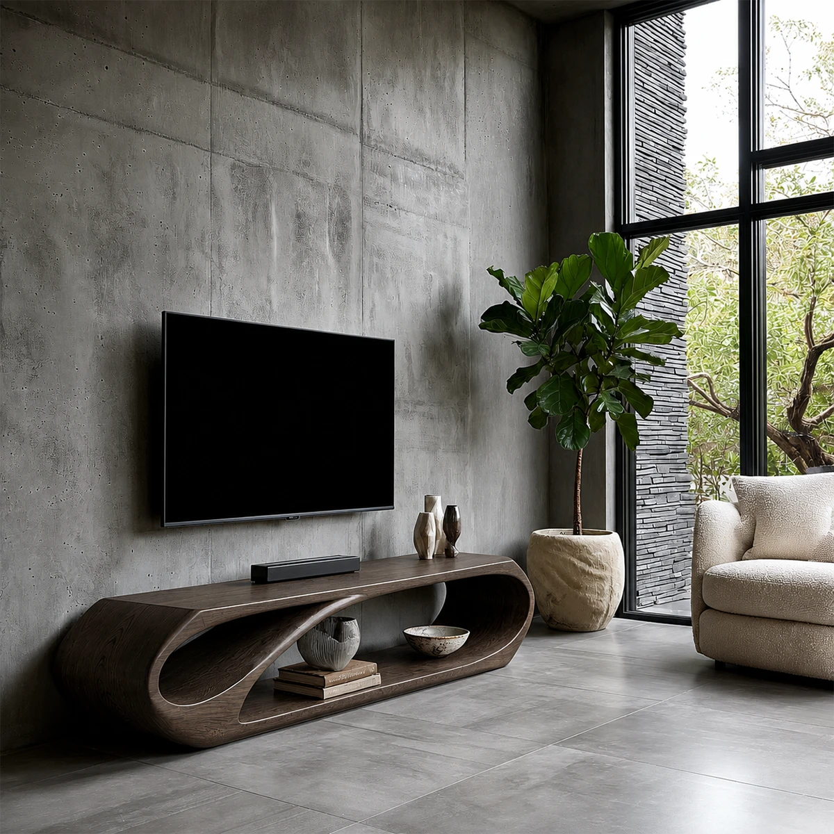 Minimalist television stand with open shelving and warm natural wood finish appearance