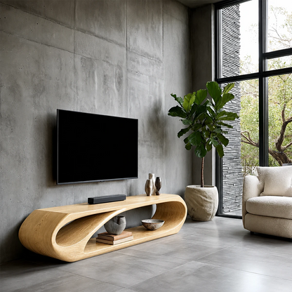 Architectural media cabinet designed with curved edges and natural wood finish styling