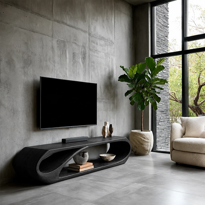 Sleek entertainment console featuring sculpted form and natural wood finish texture