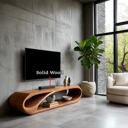 Modern living room TV cabinet with organic curved storage and natural wood finish appeal