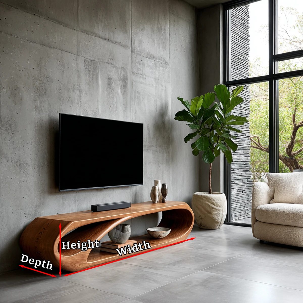 Elegant media stand showcasing fluid contemporary lines and natural wood finish surfaces