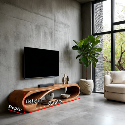 Elegant media stand showcasing fluid contemporary lines and natural wood finish surfaces