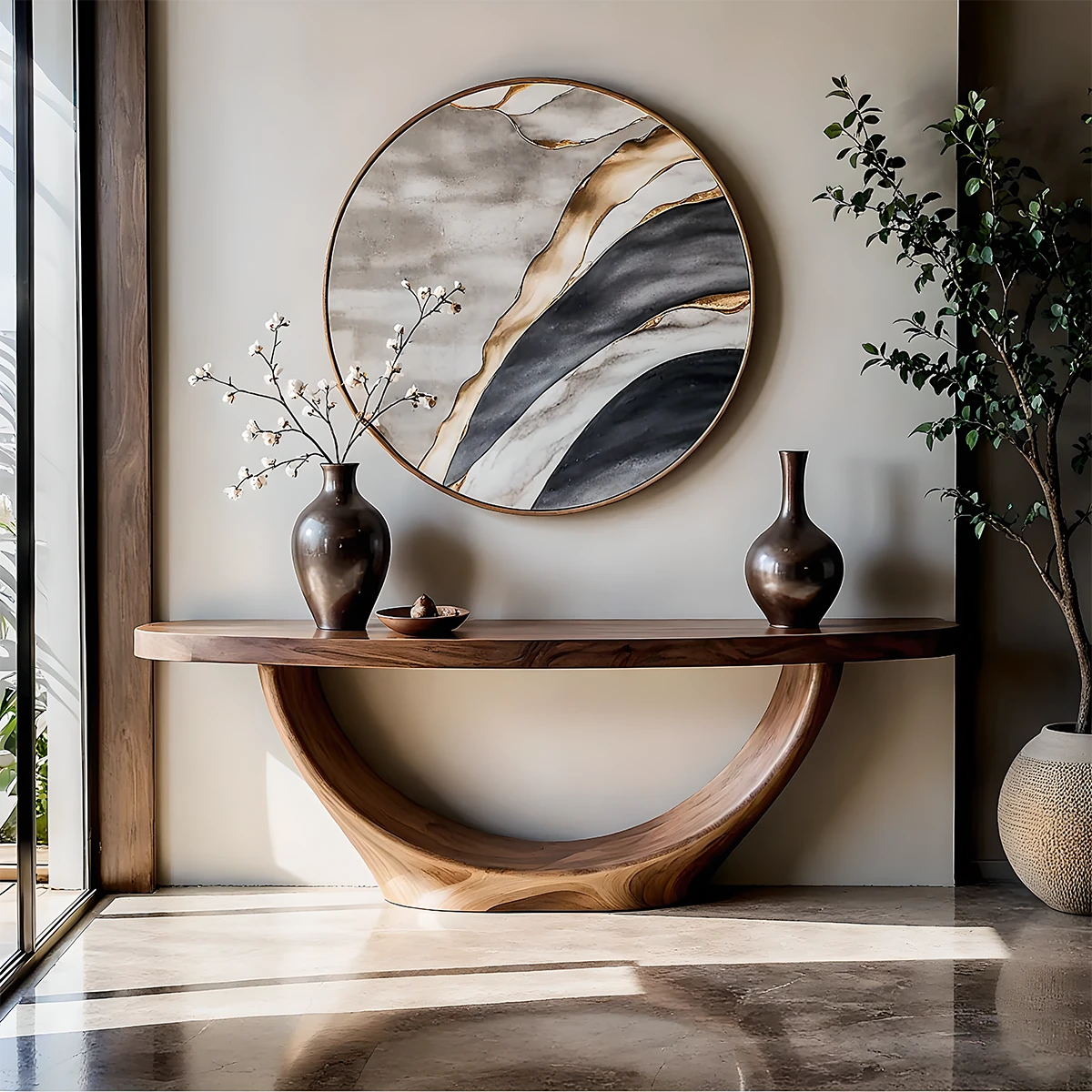 Sculptural walnut console table with semicircle loop base