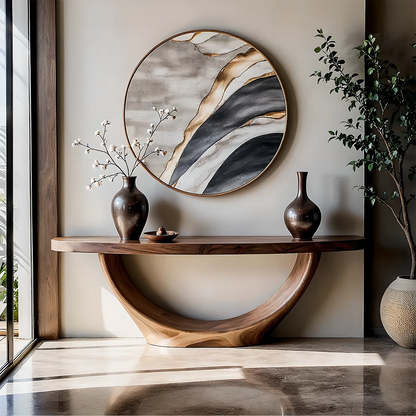 Sculptural walnut console table with semicircle loop base