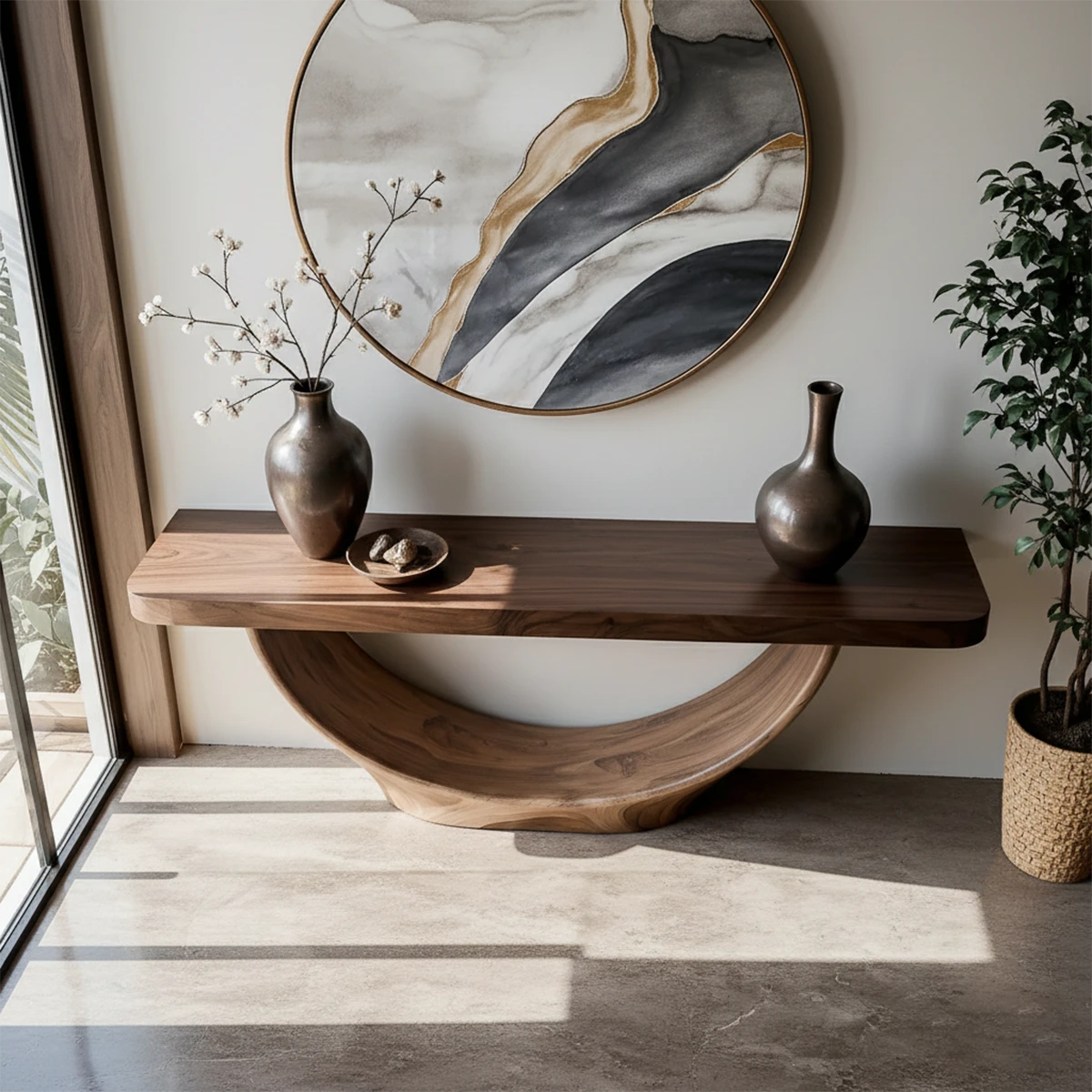 Designer walnut console table with curved pedestal base