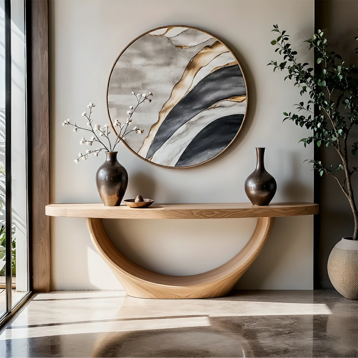 Luxury walnut console table with loop wood base