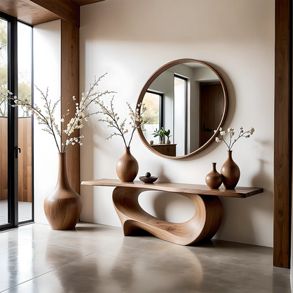 Sculptural walnut console table with twist wave base
