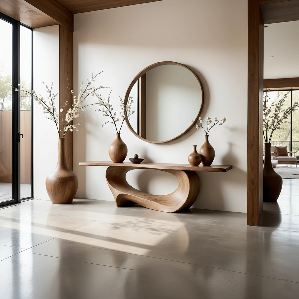 Artistic walnut console table with twisted base design