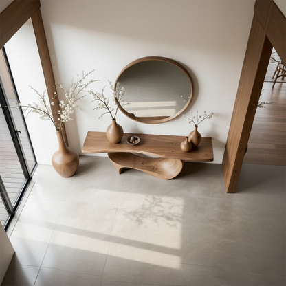 Designer walnut console table with sculpted wave base