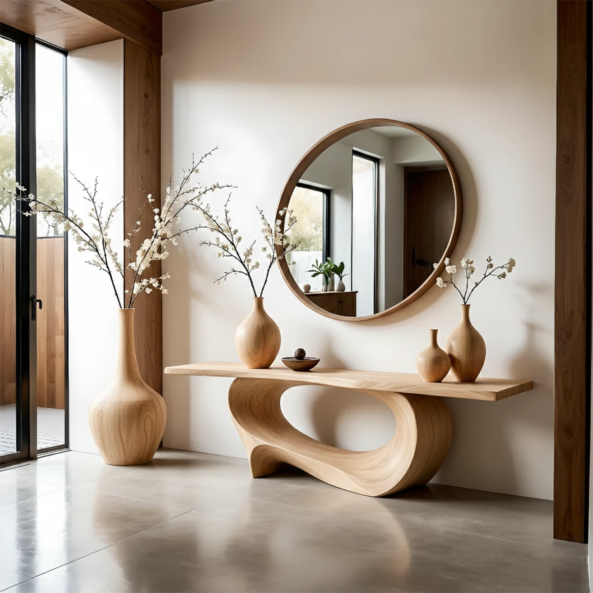 Minimal walnut console table with wave style base