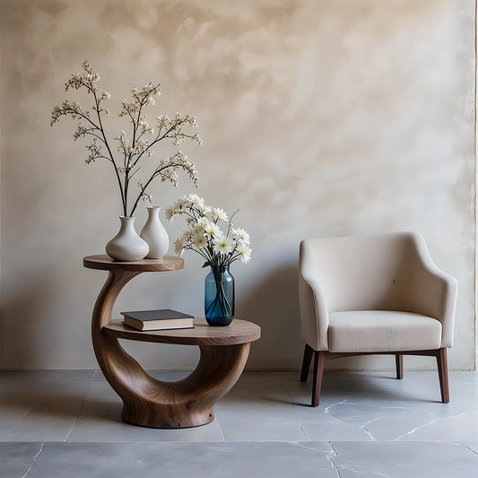 Walnut tone end table with sculptural curved base and open shelf design in a modern interior