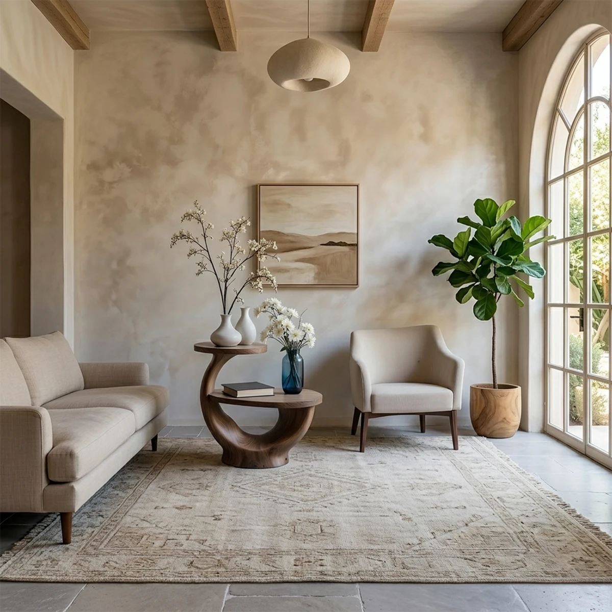A modern end table in walnut tone finish featuring smooth curves and organic form