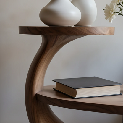 This walnut tone end table showcases a unique circular base and layered shelf structure