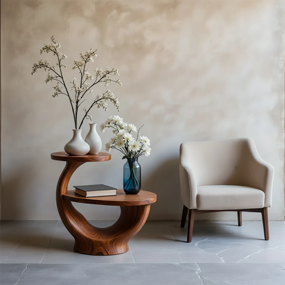 In a calm setting, the brown tone end table offers sculptural design and smooth surface