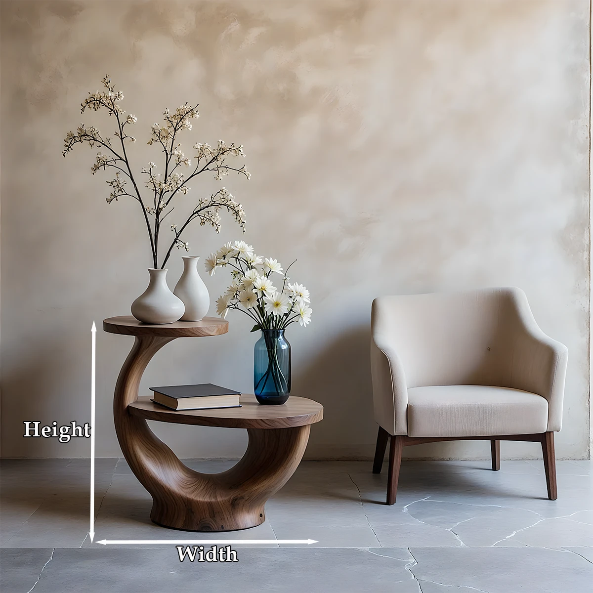 The walnut tone end table combines sculptural base detail with practical top surface