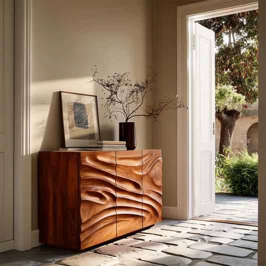 Sculptural wave sideboard cabinet with carved storage doors for luxury modern interiors