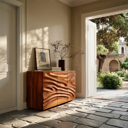 Contemporary buffet cabinet featuring flowing textured fronts and elegant organic styling