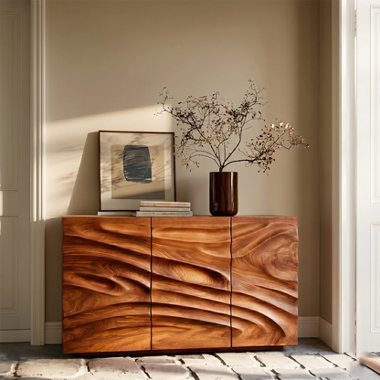 Modern sideboard storage cabinet with dimensional carved detailing and clean silhouette