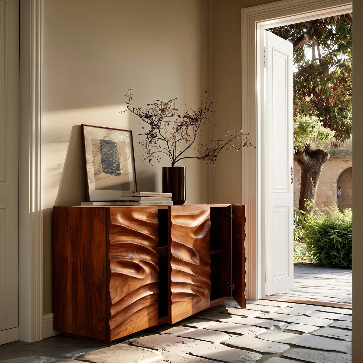 Minimalist sideboard cabinet with handcrafted carved surfaces and hidden storage space
