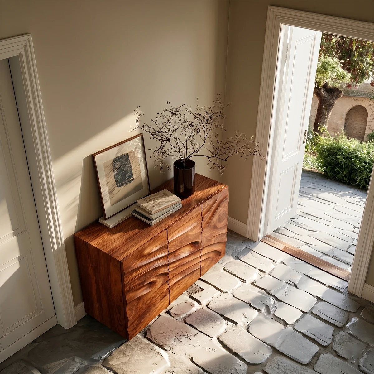 Decorative storage cabinet with flowing sculptural fronts and modern interior character