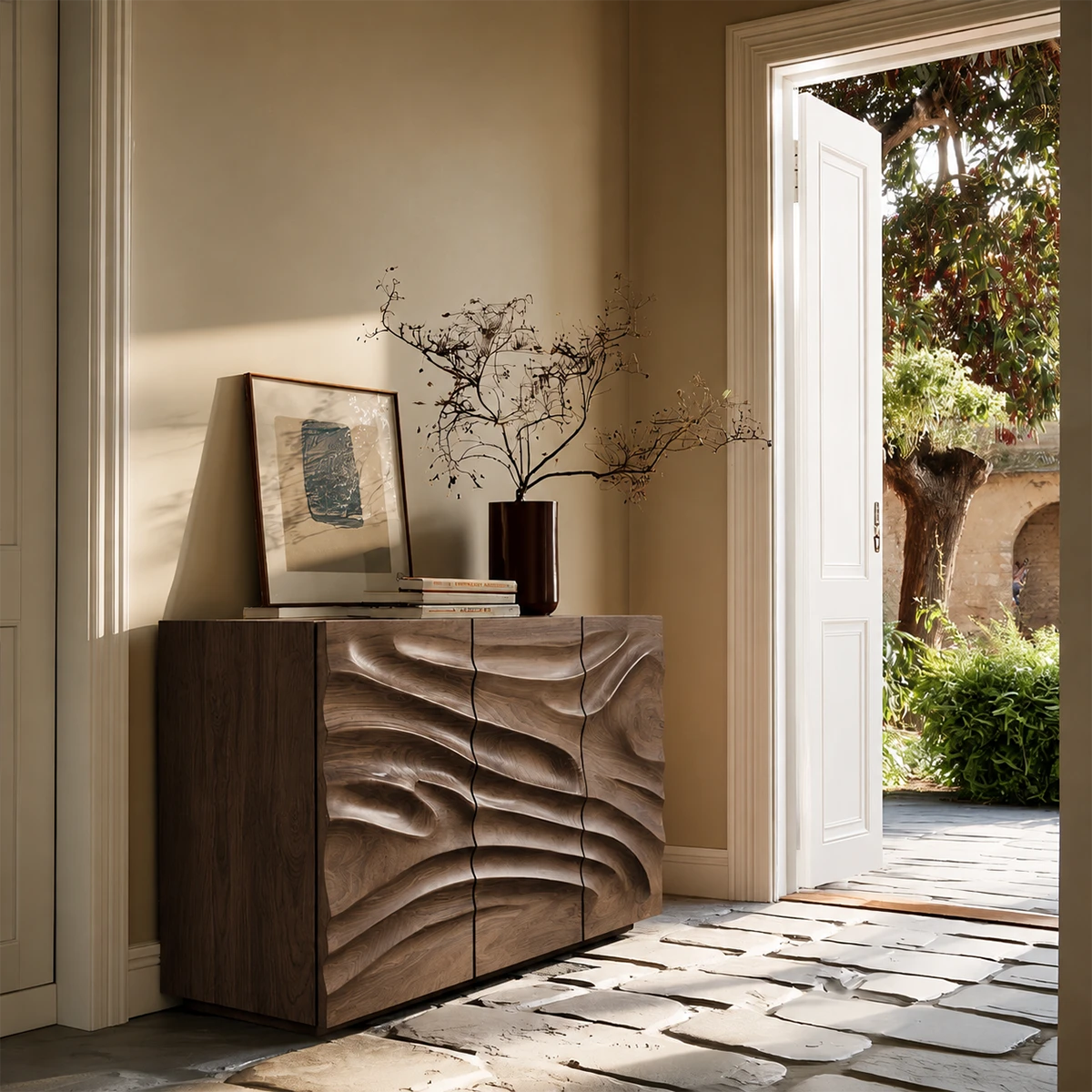 Statement buffet cabinet featuring layered carved texture and architectural room presence