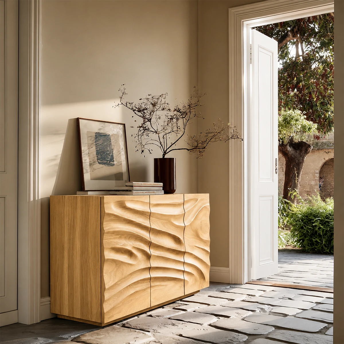 Organic modern sideboard with dimensional wave detailing and sophisticated styling