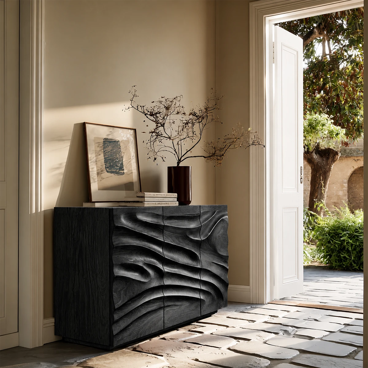 Contemporary sideboard storage cabinet with artistic carved fronts and clean wood grain