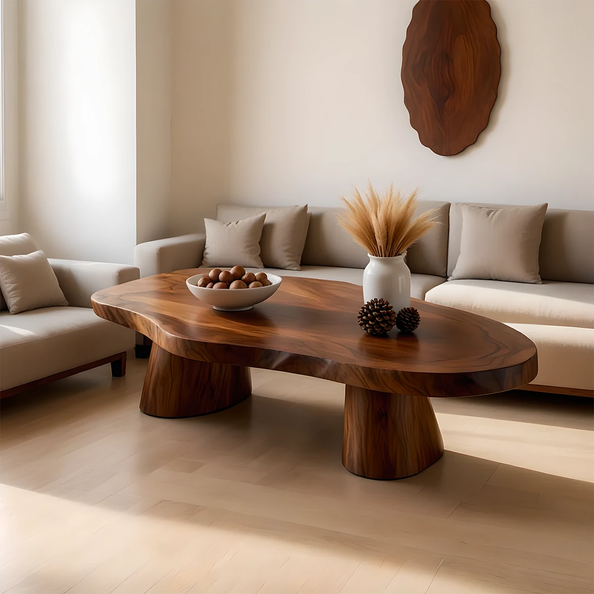 Brown coffee table with low profile wide top
