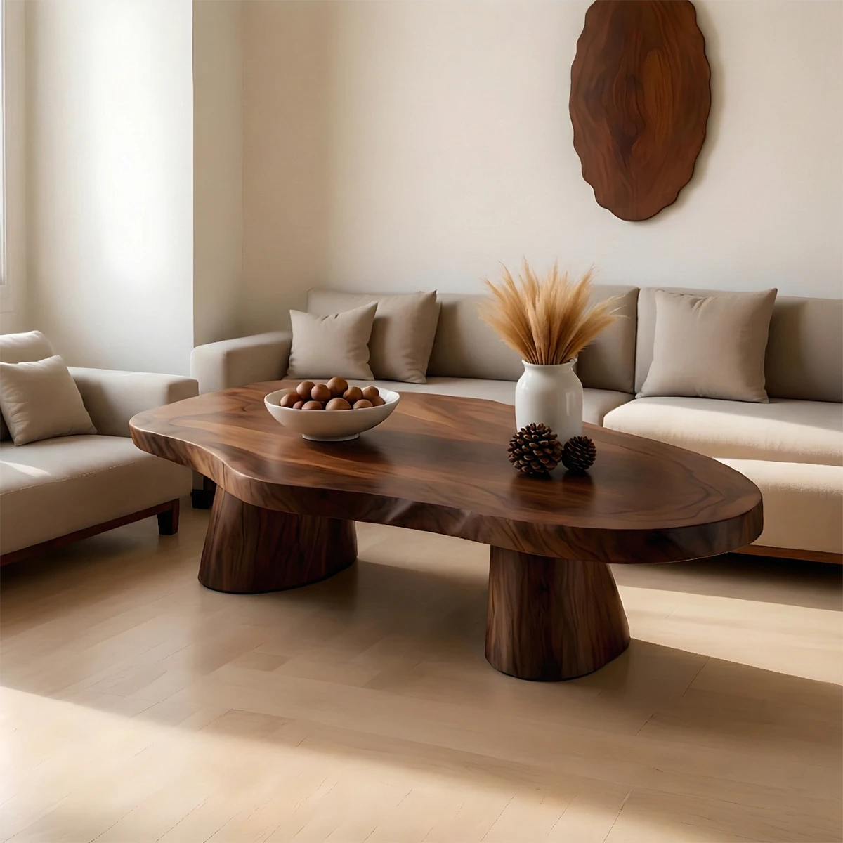 Minimal walnut coffee table with low silhouette