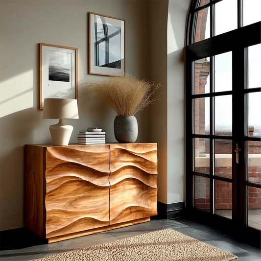 Small wave sideboard cabinet with sculpted storage doors and modern minimalist styling