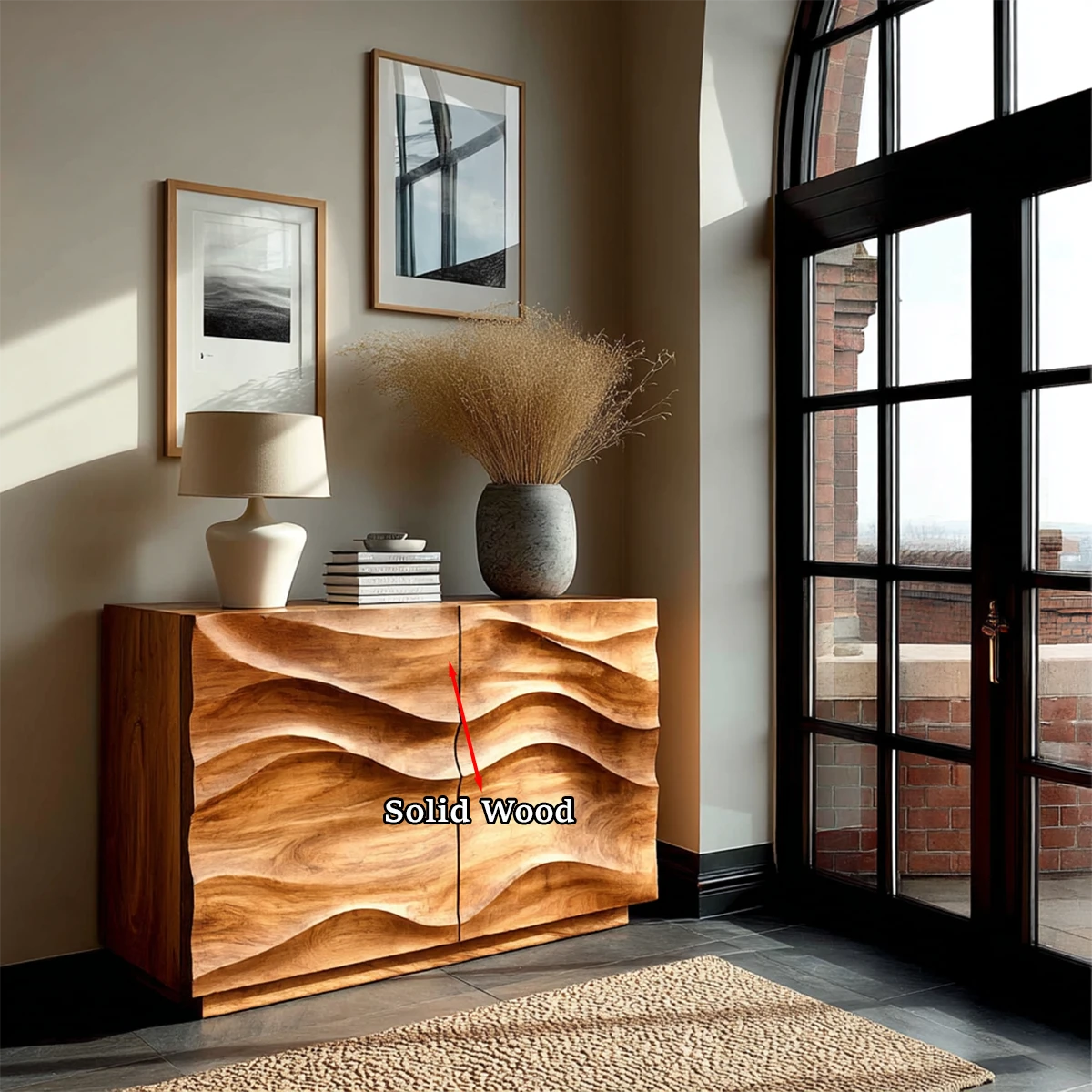 Statement sideboard cabinet with flowing carved texture and seamless hidden storage