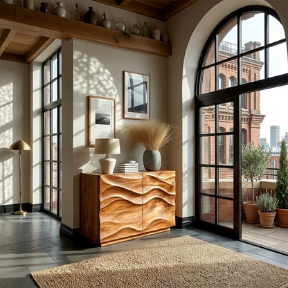 Contemporary accent sideboard featuring carved wave texture and hidden storage space