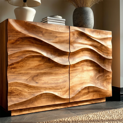 Artistic storage sideboard with dimensional carved fronts and clean interior styling