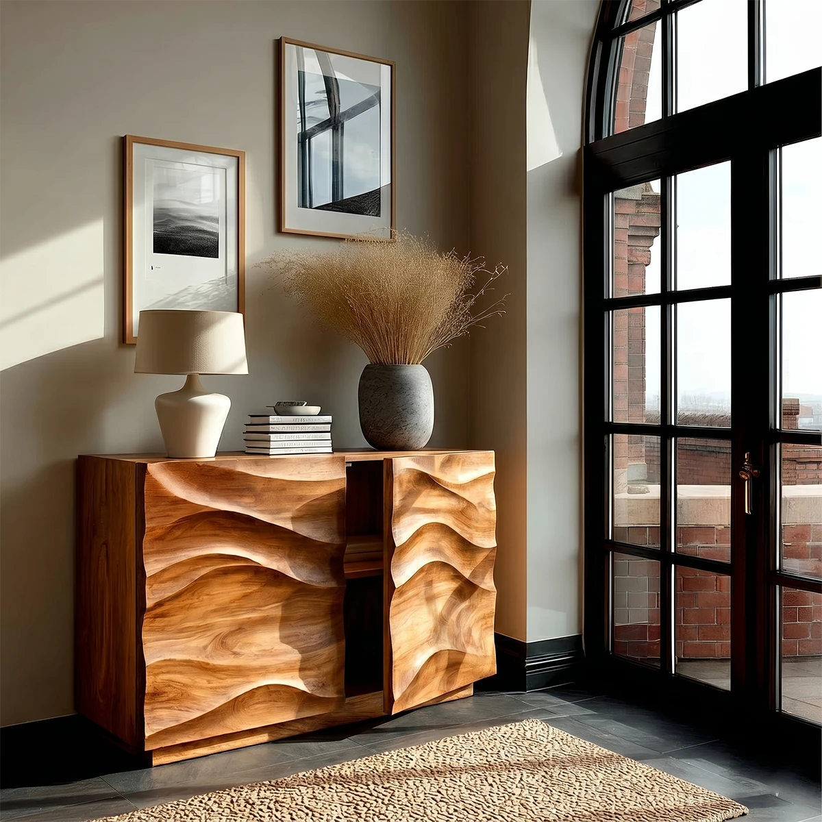 Minimalist credenza cabinet with wave texture detailing and sleek concealed organization