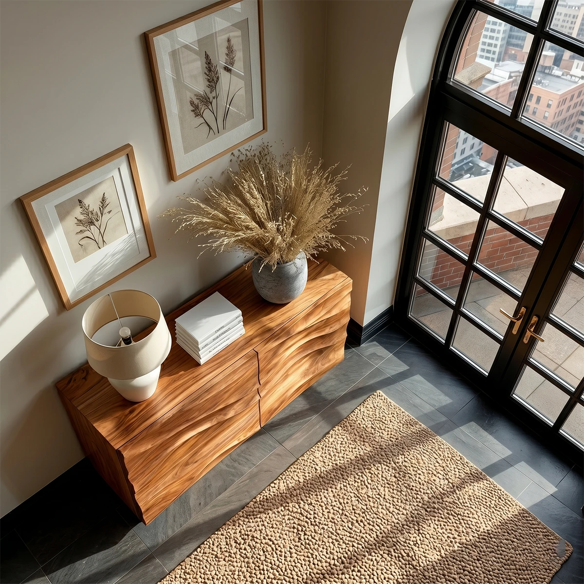 Modern storage cabinet featuring sculpted panel doors and balanced contemporary proportions